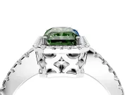 Accent Halo Engagement Ring Setting for Fancy Green Radiant Cut Center with Full-Length Pave Band and Prong Head in Platinum