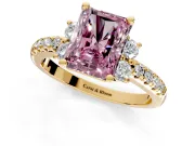 Paired Accent Engagement Ring Setting for Fancy Pink Radiant Cut Center with Pave Band and Prong Head in Yellow Gold
