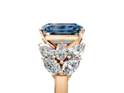 Leaf Cluster Engagement Ring Setting for Fancy Blue Emerald Cut Center with Marquise Accents and Prong Head in Rose Gold