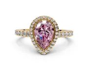 Halo Engagement Ring Setting for Fancy Pink Pear-Shaped Center with Inner Milgrain Border and Prong Head in Yellow Gold