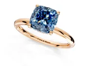 Hidden Halo Engagement Ring Setting for Fancy Blue Cushion Cut Center with Thin Rounded Band and Prong Head in Rose Gold