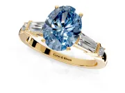 Bar-Set Engagement Ring Setting for Fancy Blue Oval Center with Tapered Baguette Accents and Prong Head in Yellow Gold