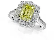 Milgrain Halo Engagement Ring Setting for Fancy Yellow Emerald Cut Center with Bezel Point Accents and Prong Head in White Gold