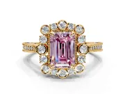 Milgrain Halo Engagement Ring Setting for Fancy Pink Emerald Cut Center with Bezel Point Accents and Prong Head in Yellow Gold