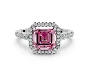 Halo Engagement Ring Setting for Fancy Pink Asscher Cut Center with Narrowing Pave Band and Prong Head in Sterling Silver