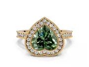 Halo Engagement Ring Setting for Fancy Green Heart-Shaped Center with Milgrain Pave Band and Bezel Head in Yellow Gold