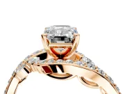 Solitaire Engagement Ring Setting for Emerald Cut Center with Pave Bypass Twist Band and Prong Head in Rose Gold