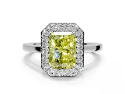 Halo Engagement Ring Setting for Fancy Yellow Radiant Cut Center with Plain Tapered Band and Prong Head in White Gold