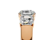 3 Stone Engagement Ring Setting for Asscher Cut Center with Raised Basket Heads and Prong Head in Rose Gold