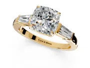 3 Stone Engagement Ring Setting for Cushion Cut Center with Baguette Accents and Prong Head in Yellow Gold