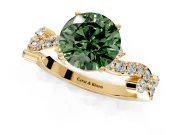Solitaire Engagement Ring Setting for Fancy Green Round Cut Center with Bar-Station Pave Twist and Prong Head in Yellow Gold