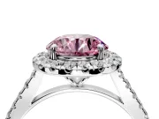 Halo Engagement Ring Setting for Fancy Pink Round Cut Center with Narrowing Pave Band and Prong Head in White Gold