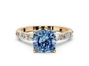 Baguette Engagement Ring Setting for Fancy Blue Cushion Cut Center with Alternating Bar-Set Band and Prong Head in Yellow Gold