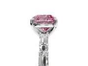Baguette Engagement Ring Setting for Fancy Pink Cushion Cut Center with Alternating Bar-Set Band and Prong Head in White Gold