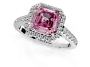 Halo Engagement Ring Setting for Fancy Pink Asscher Cut Center with Narrowing Pave Band and Prong Head in Sterling Silver