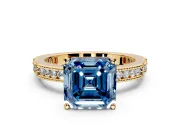 Solitaire Engagement Ring Setting for Fancy Blue Asscher Cut Center with Milgrain-Edged Pave Band and Prong Head in Yellow Gold