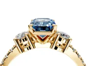 3 Stone Engagement Ring Setting for Fancy Blue Emerald Cut Center with Round Cut Side Accents and Prong Head in Yellow Gold