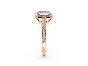 Bezel-Framed Halo Engagement Ring Setting for Fancy Pink Asscher Cut Center with Pave Band and Prong Head in Rose Gold