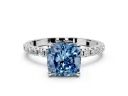 Solitaire Engagement Ring Setting for Fancy Blue Cushion Cut Center with Micro Pave Band and Prong Head in Platinum