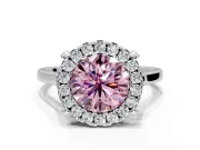 Single Halo Engagement Ring Setting for Fancy Pink Round Cut Center with Corner Claws, Plain Band and Prong Head in White Gold