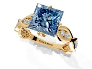 Solitaire Engagement Ring Setting for Fancy Blue Princess Cut Center with Accented Twist Band and Leaf Prong Head in Yellow Gold