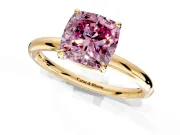 Low-Set Solitaire Engagement Ring Setting for Fancy Pink Cushion Cut Center with Thin Plain Band and Prong Head in Yellow Gold