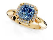 Halo Engagement Ring Setting for Fancy Blue Cushion Cut Center with Tapered Plain Band and Prong Head in Yellow Gold