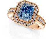 Milgrain Halo Engagement Ring Setting for Fancy Blue Radiant Cut Center with Pave Band and Prong Head in Rose Gold