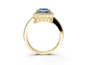 Halo Engagement Ring Setting for Fancy Blue Princess Cut Center with Heart-Shaped Openwork, Pave Band and Prong Head in Yellow Gold