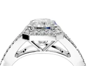 Halo Engagement Ring Setting for Radiant Cut Center with Pave Split Shank and Prong Head in White Gold
