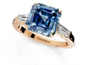 3 Stone Engagement Ring Setting for Fancy Blue Asscher Cut Center with Baguette Accents and Prong Head in Rose Gold