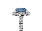 Halo Engagement Ring Setting for Fancy Blue Cushion Cut Center with Narrowing Pave Band and Prong Head in Platinum