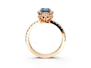 Halo Engagement Ring Setting for Fancy Blue Emerald Cut Center with Openwork Halo, Pave Band and Prong Head in Rose Gold