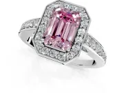 Bezel-Framed Halo Engagement Ring Setting for Fancy Pink Emerald Cut Center with Pave Band and Prong Head in Platinum