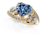 Halo Engagement Ring Setting for Fancy Blue Heart-Shaped Center with Marquise and Pave Bypass Band and Prong Head in Yellow Gold