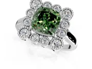 Cluster Halo Engagement Ring Setting for Fancy Green Cushion Cut Center with Milgrain Bezel Accents and Prong Head in White Gold