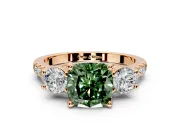 3 Stone Engagement Ring Setting for Fancy Green Cushion Cut Center with Crossover Basket, Pave Band and Prong Head in Rose Gold