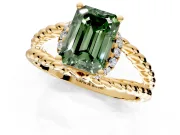 Halo Engagement Ring Setting for Fancy Green Emerald Cut Center with Rope Twist Split Shank and Prong Head in Yellow Gold