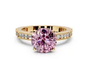 Solitaire Engagement Ring Setting for Fancy Pink Round Cut Center with Milgrain-Edged Pave Band and Prong Head in Yellow Gold
