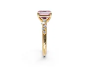 Solitaire Engagement Ring Setting for Fancy Pink Asscher Cut Center with Trailing Leaf Accent Band and Prong Head in Yellow Gold
