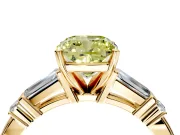 Bar-Set Engagement Ring Setting for Fancy Yellow Cushion Cut Center with Tapered Baguette Accents and Prong Head in Yellow Gold