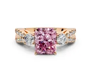 3 Stone Engagement Ring Setting for Fancy Pink Radiant Cut Center with Pave Split Shank and Prong Head in Rose Gold