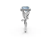Halo Engagement Ring Setting for Fancy Blue Princess Cut Center with Leaf Motif Split Shank and Prong Head in Platinum