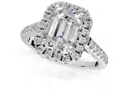 Halo Engagement Ring Setting for Emerald Cut Center with Raised Halo, Pave Band and Prong Head in Platinum