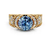 Pave Engagement Ring Setting for Fancy Blue Round Cut Center with Curved Accent Rows, Openwork and Prong Head in Yellow Gold