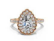 Milgrain Floral Halo Engagement Ring Setting for Pear-Shaped Center with Pave Band and Prong Head in Rose Gold