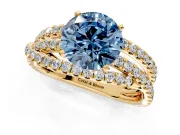 Solitaire Engagement Ring Setting for Fancy Blue Round Cut Center with Woven 3-Strand Pave Band and Prong Head in Yellow Gold