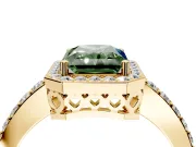 Halo Engagement Ring Setting for Fancy Green Radiant Cut Center with Heart-Shaped Openwork, Pave Band and Prong Head in Yellow Gold