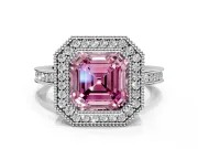 Halo Engagement Ring Setting for Fancy Pink Asscher Cut Center with Milgrain Halo, Pave Band and Prong Head in Sterling Silver