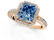 Halo Engagement Ring Setting for Fancy Blue Radiant Cut Center with Heart-Shaped Openwork, Pave Band and Prong Head in Rose Gold